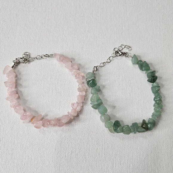 Natural Gemstone Chip Bead Bracelets Set of 2 Bundle Rose Quartz Aventurine NWOT - Picture 1 of 7